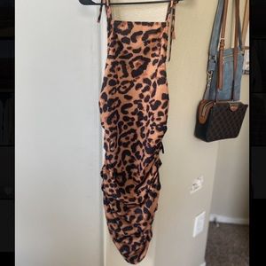 SHEIN Tie Shoulder Open Back Ruched Leopard Dress